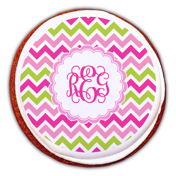 Pink & Green Chevron Printed Icing Circle - Large - On Cookie