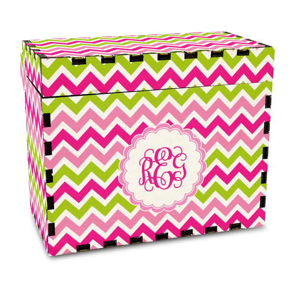 Custom Pink & Green Chevron Wood Recipe Box - Full Color Print (Personalized)