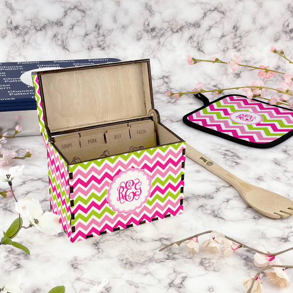 Pink & Green Chevron Recipe Box - Full Color - In Context