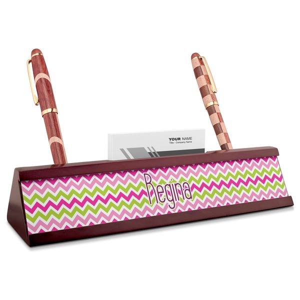 Custom Pink & Green Chevron Red Mahogany Nameplate with Business Card Holder (Personalized)