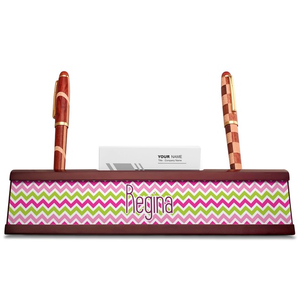 Pink & Green Chevron Red Mahogany Nameplates with Business Card Holder - Straight