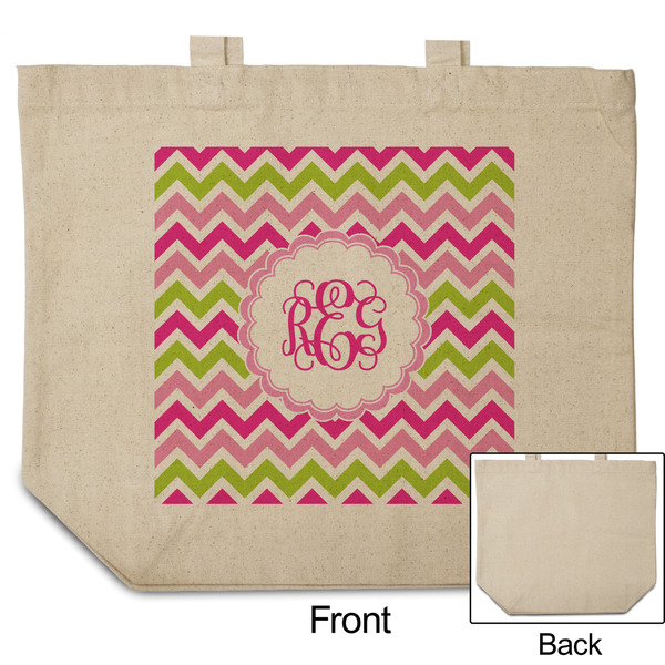 Pink & Green Chevron Reusable Cotton Grocery Bag - Front & Back View