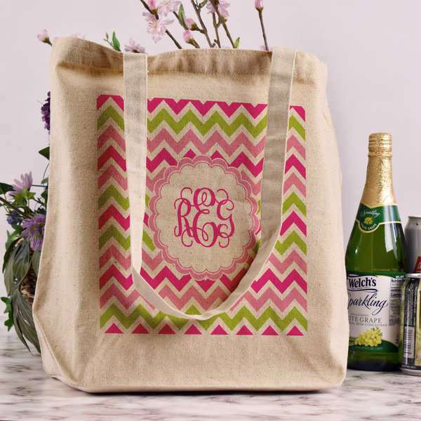 Pink & Green Chevron Reusable Cotton Grocery Bag - In Context