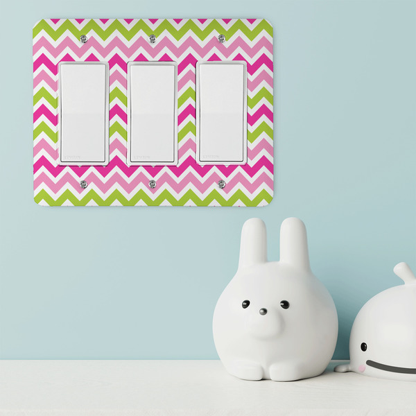Pink & Green Chevron Rocker Light Switch Covers - Triple - IN CONTEXT