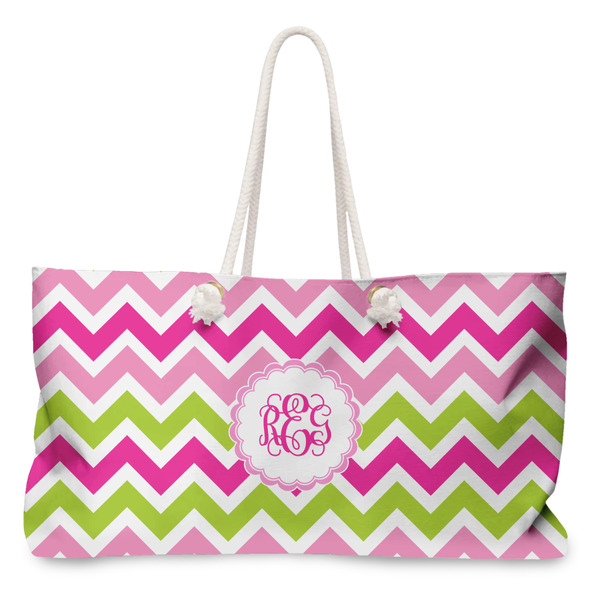 Custom Pink & Green Chevron Large Tote Bag with Rope Handles (Personalized)