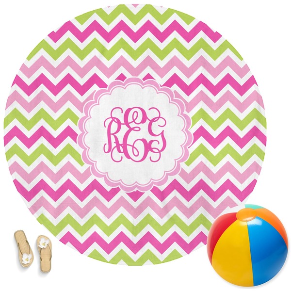 Custom Pink & Green Chevron Round Beach Towel (Personalized)
