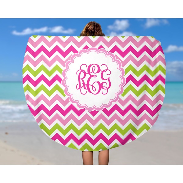 Pink & Green Chevron Round Beach Towel - In Use