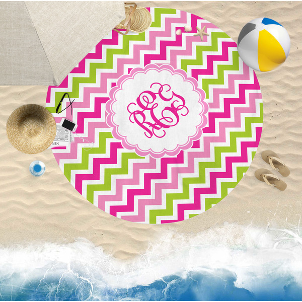 Pink & Green Chevron Round Beach Towel Lifestyle
