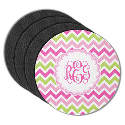 Pink & Green Chevron Round Rubber Backed Coasters - Set of 4 (Personalized)