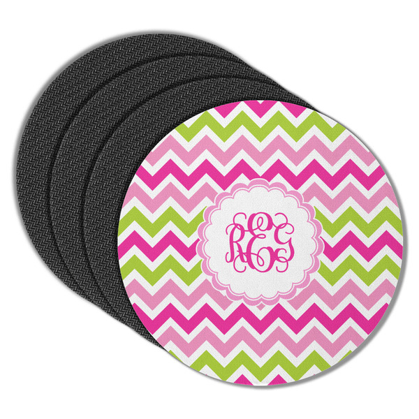 Custom Pink & Green Chevron Round Rubber Backed Coasters - Set of 4 (Personalized)