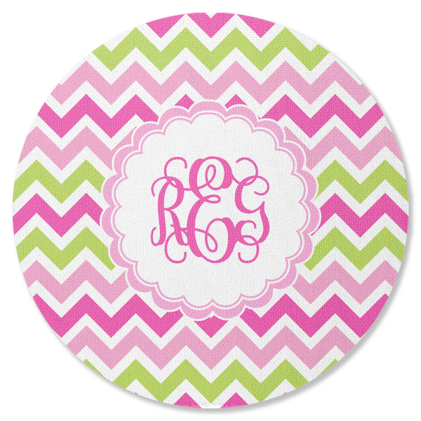 Custom Pink & Green Chevron Round Rubber Backed Coaster (Personalized)