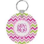 Pink & Green Chevron Round Plastic Keychain (Personalized)