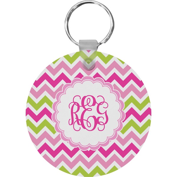 Pink & Green Chevron Round Keychain (Personalized)
