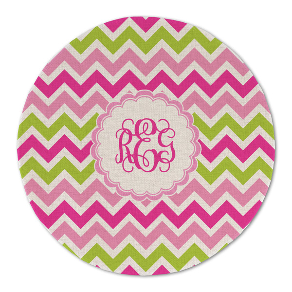 Pink & Green Chevron Round Linen Placemats - FRONT (Double Sided)