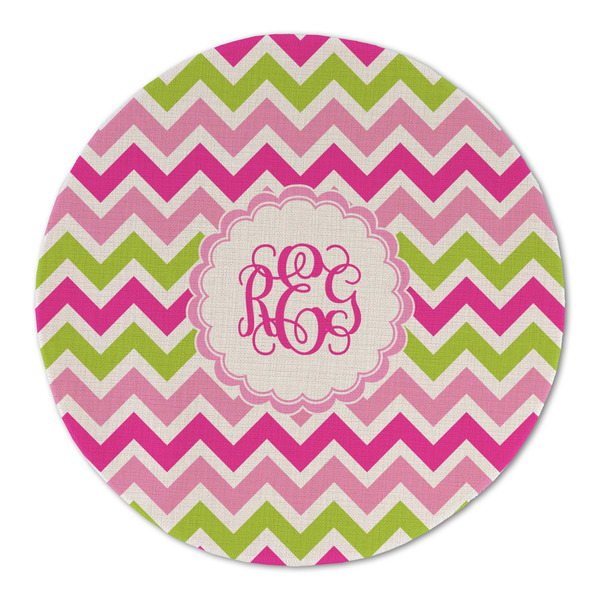 Custom Pink & Green Chevron Round Linen Placemat - Single Sided (Personalized)