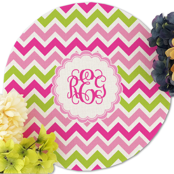 Pink & Green Chevron Round Linen Placemats - Front (w flowers)
