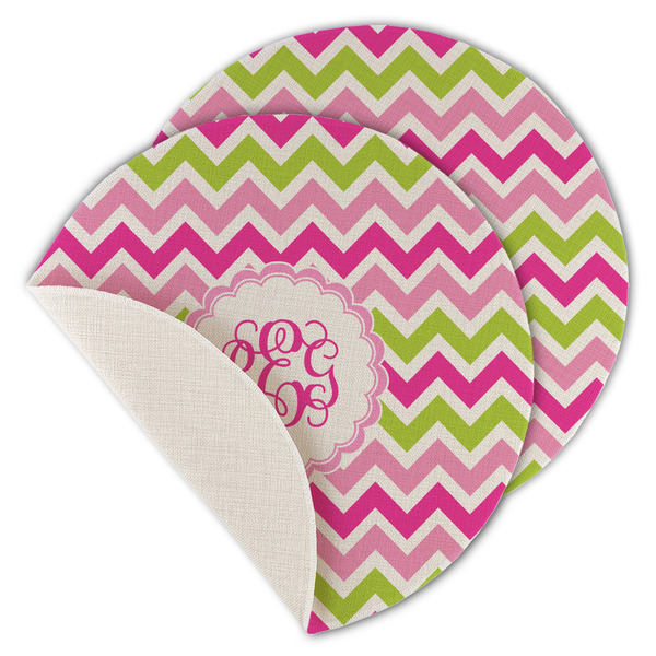 Pink & Green Chevron Round Linen Placemats - MAIN (Single Sided)