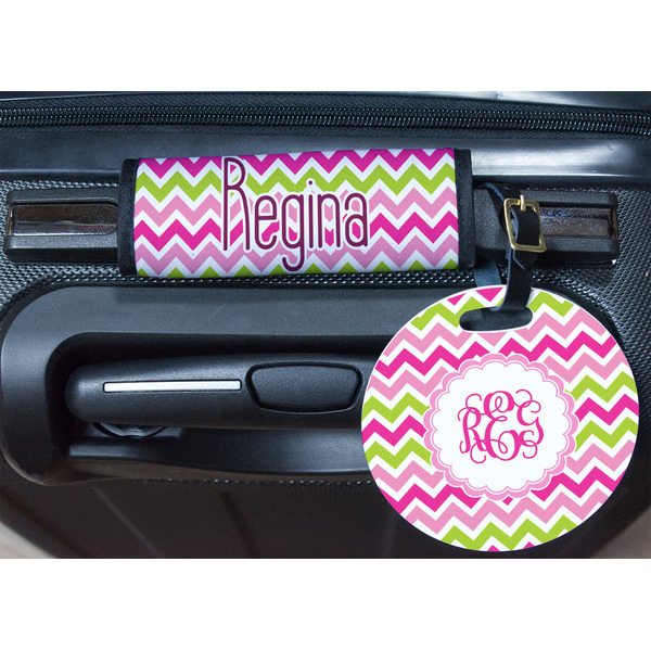 Pink & Green Chevron Round Luggage Tag & Handle Wrap - In Context
