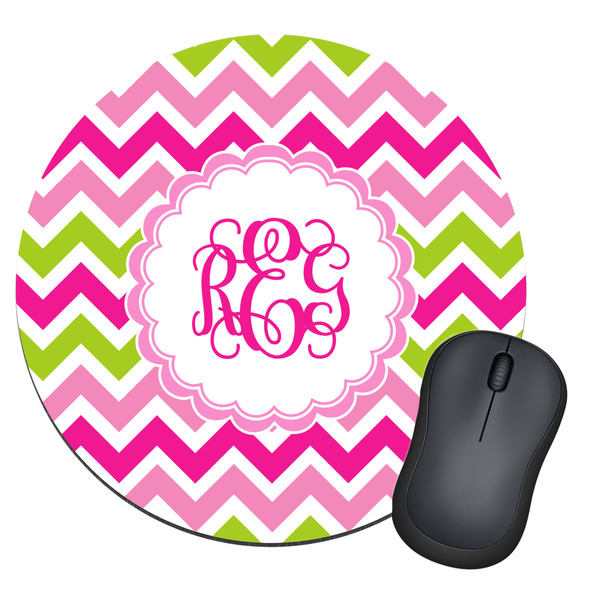 Custom Pink & Green Chevron Round Mouse Pad (Personalized)