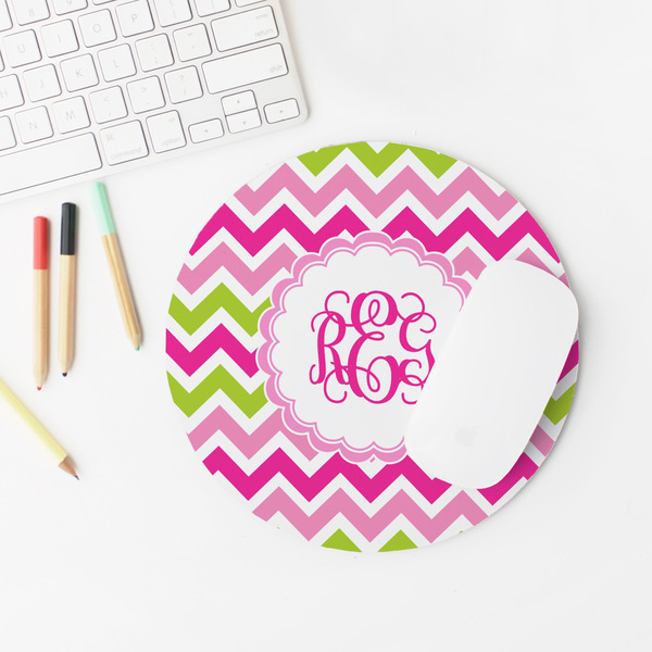 Pink & Green Chevron Round Mousepad - LIFESTYLE 2