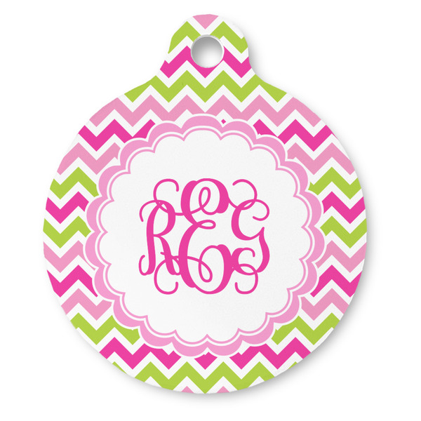 Custom Pink & Green Chevron Round Pet ID Tag (Personalized)