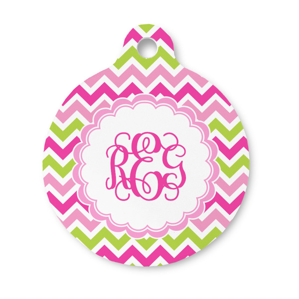 Custom Pink & Green Chevron Round Pet ID Tag - Small (Personalized)
