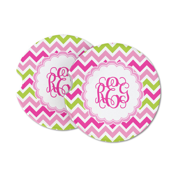 Custom Pink & Green Chevron Sandstone Car Coasters (Personalized)