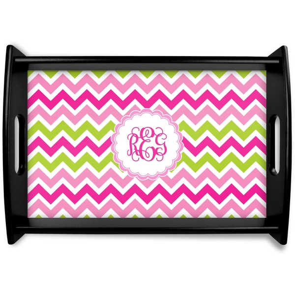 Custom Pink & Green Chevron Black Wooden Tray - Small (Personalized)