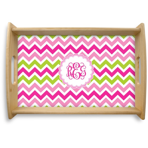 Custom Pink & Green Chevron Natural Wooden Tray - Small (Personalized)