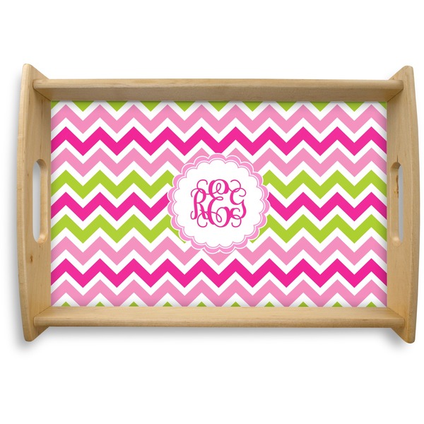 Custom Pink & Green Chevron Natural Wooden Tray - Small (Personalized)