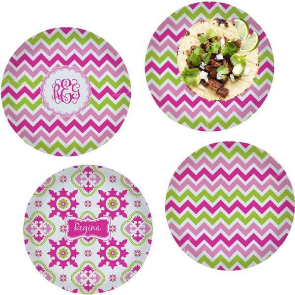 Custom Pink & Green Chevron Set of 4 Glass Lunch / Dinner Plate 10" (Personalized)