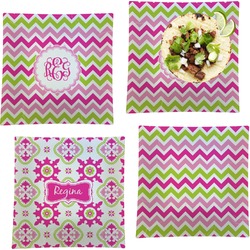 Pink & Green Chevron Set of 4 Glass Square Lunch / Dinner Plate 9.5" (Personalized)