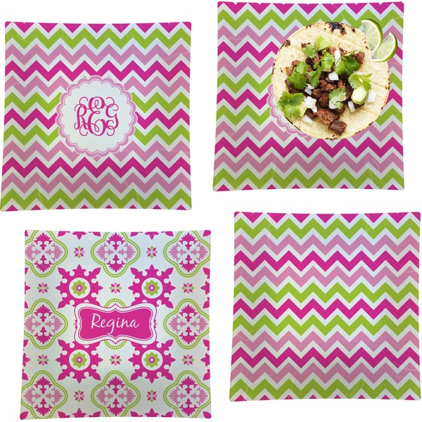 Pink & Green Chevron Set of Square Dinner Plates