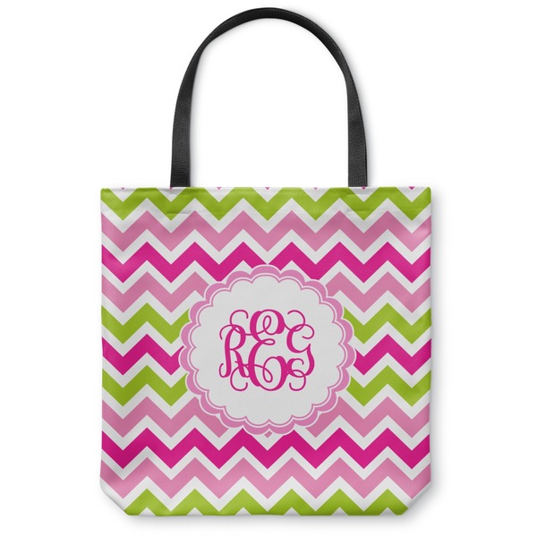 Custom Pink & Green Chevron Canvas Tote Bag - Large - 18"x18" (Personalized)