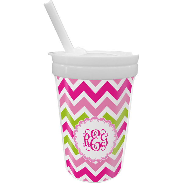 Custom Pink & Green Chevron Sippy Cup with Straw (Personalized)