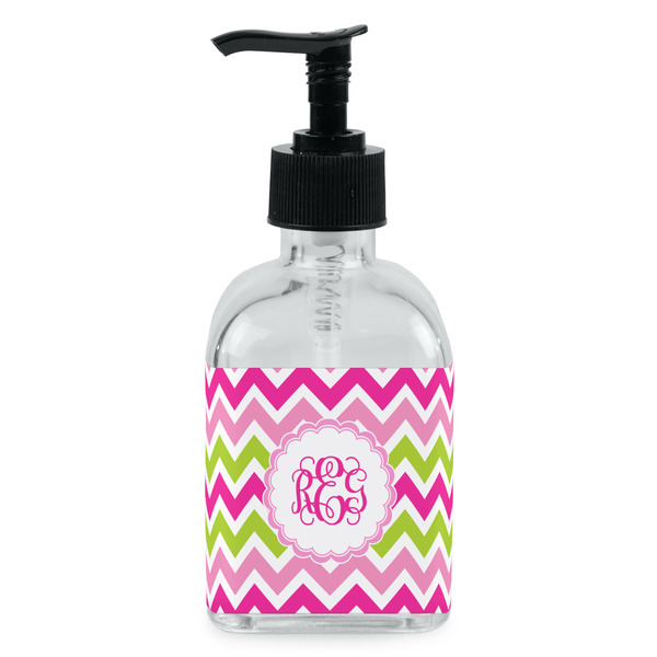 Custom Pink & Green Chevron Glass Soap & Lotion Bottle - Single Bottle (Personalized)