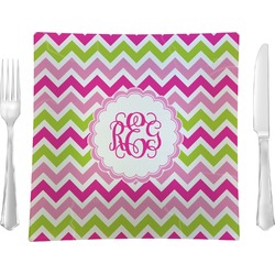 Pink & Green Chevron 9.5" Glass Square Lunch / Dinner Plate- Single or Set of 4 (Personalized)