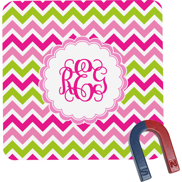 Custom Pink & Green Chevron Square Fridge Magnet (Personalized)