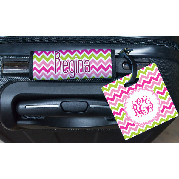 Pink & Green Chevron Square Luggage Tag & Handle Wrap - In Context