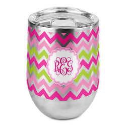 Pink & Green Chevron Stemless Wine Tumbler - Full Print (Personalized)