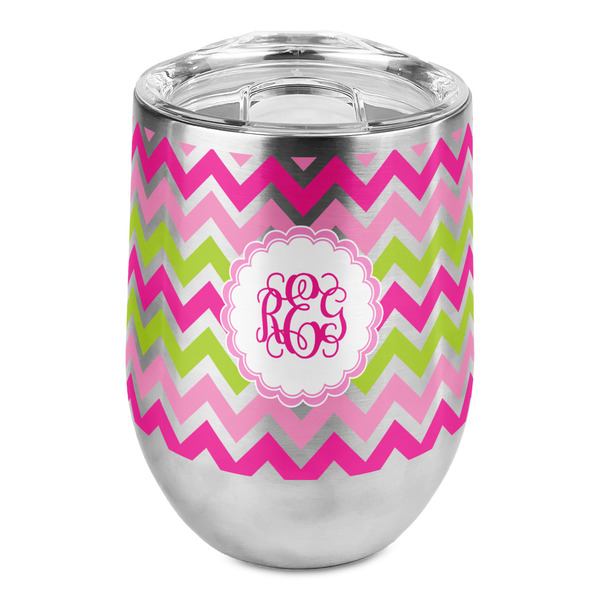 Custom Pink & Green Chevron Stemless Wine Tumbler - Full Print (Personalized)