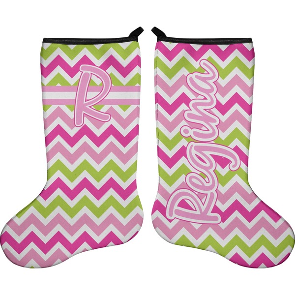 Custom Pink & Green Chevron Holiday Stocking - Double-Sided - Neoprene (Personalized)