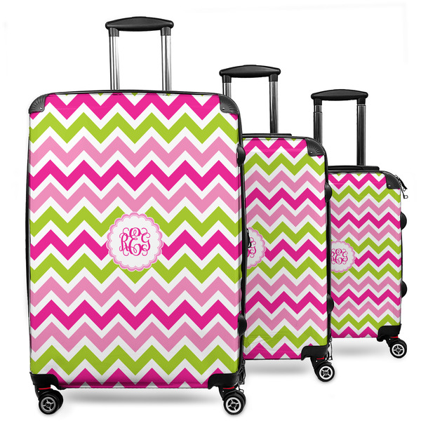 Custom Pink & Green Chevron 3 Piece Luggage Set - 20" Carry On, 24" Medium Checked, 28" Large Checked (Personalized)