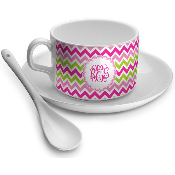 Custom Pink & Green Chevron Tea Cup (Personalized)