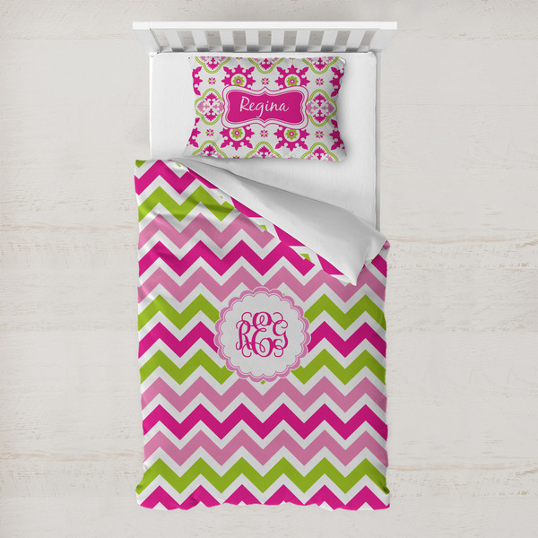 Custom Pink & Green Chevron Toddler Bedding Set - With Pillowcase (Personalized)