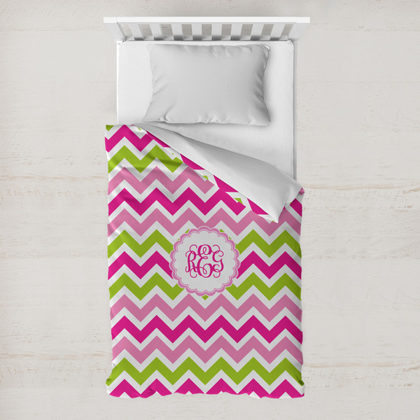 Custom Pink & Green Chevron Toddler Duvet Cover w/ Monogram