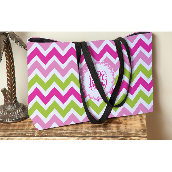 Pink & Green Chevron Tote w/Black Handles - Lifestyle View