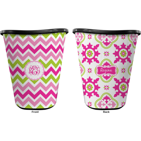 Pink & Green Chevron Trash Can Black - Front and Back - Apvl