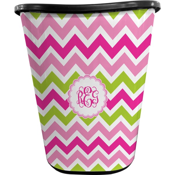 Custom Pink & Green Chevron Waste Basket - Double Sided (Black) (Personalized)
