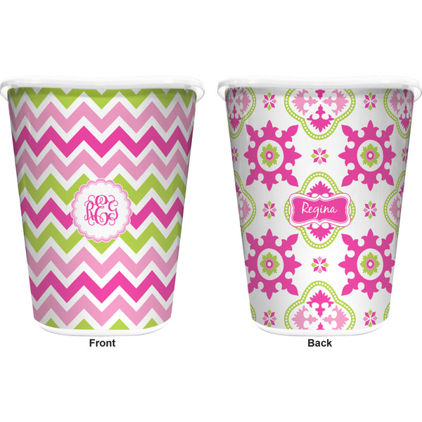 Pink & Green Chevron Trash Can White - Front and Back - Apvl